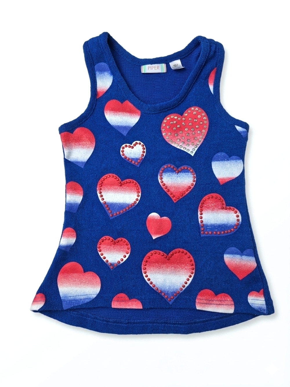 Piper Girls Patriotic Ombre Heart Knit Tank Top Blue Rhinestone Size 6/6X